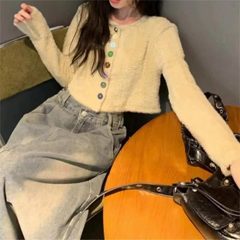 Gentle Style Colorful Button Sweater Jacket For Women In Autumn 2024, With A Lazy And Soft Texture Resembling Mink Fur Knitted