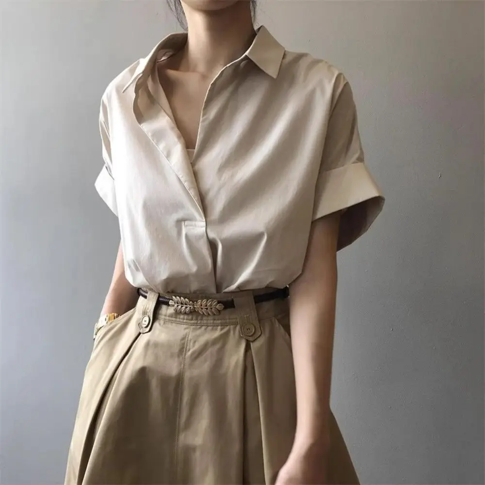 

Korean Style V-neck Flip Collar T-shirt Crop Top Loose Short Sleeve Blouse Y2K Chic Basic Tees Shirts Women Female