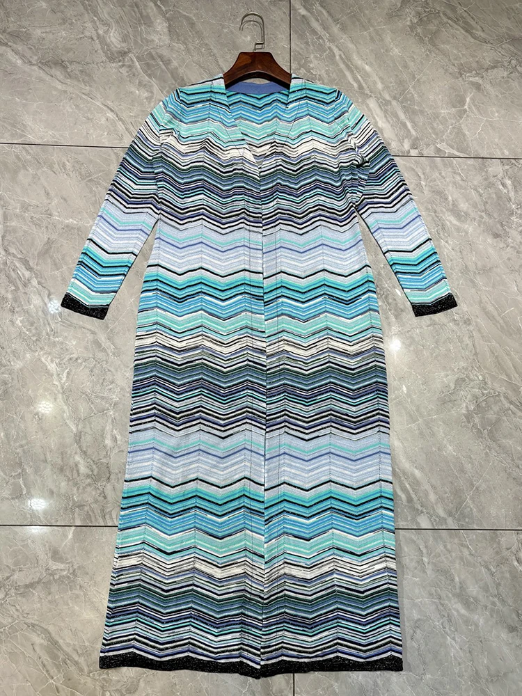 Spring Summer Fashion Zigzag Pattern Knitting Long Style Cardigan Women's V-Neck Long Sleeve Gold thread Straight Barrel Coat