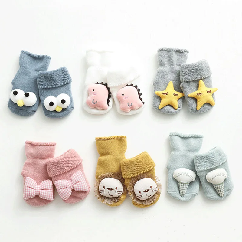 Autumn Winter Baby Girls Soft Cotton Terry Floor Socks Newborn 3D Doll Cartoon Animal Bow Anti Slip Shoes for Infant Boy Clothes