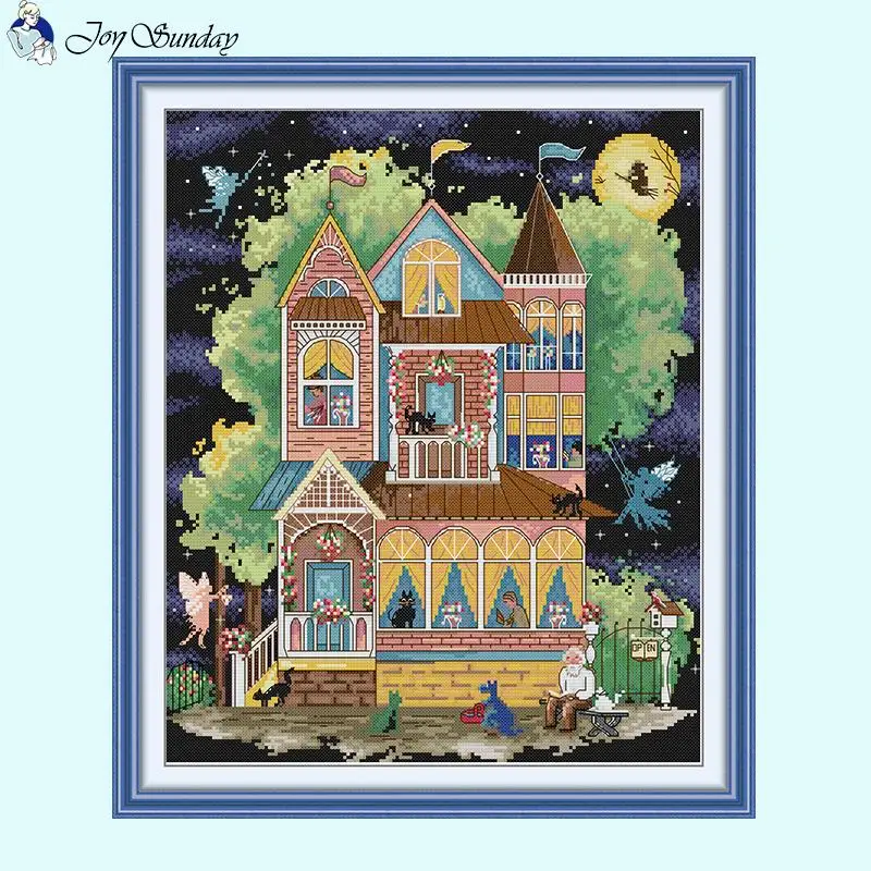 Märchenhaus DIY Cartoon Muster Kreuzstich Kits Aida 14 16 11CT Weißer Stoff Bedrucktes Tuch Nähen Stickerei Home Decor