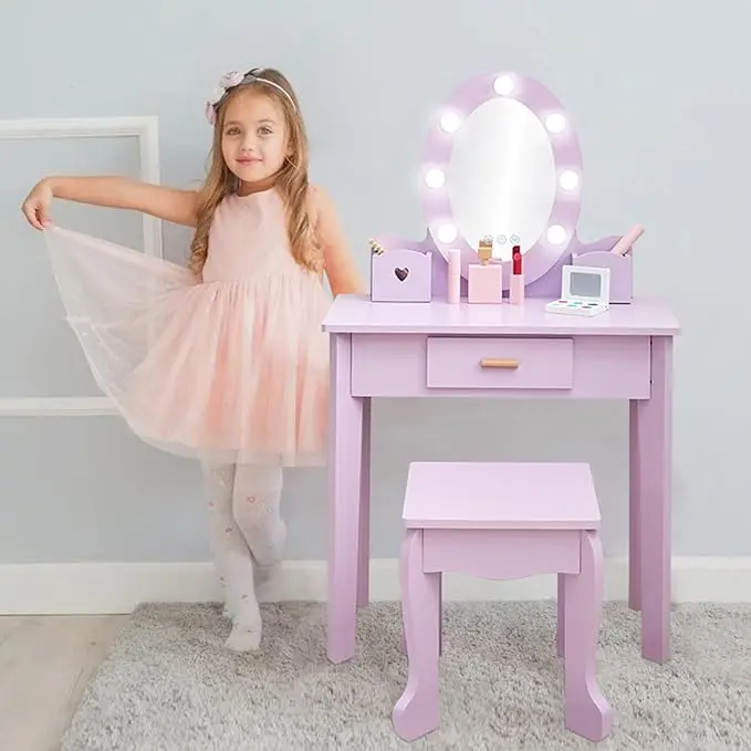 Kids Dressing Table with Lighted Mirror Dressing Table and Chair Set Girls Makeup Playset Playroom view 2