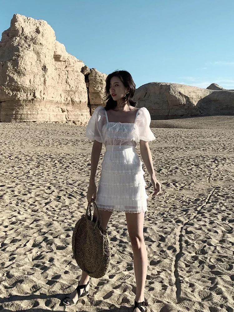 Gypsylady renda malha chique mini vestido branco sem costas laço verão vestido feminino em camadas férias sexy festa senhoras vestido