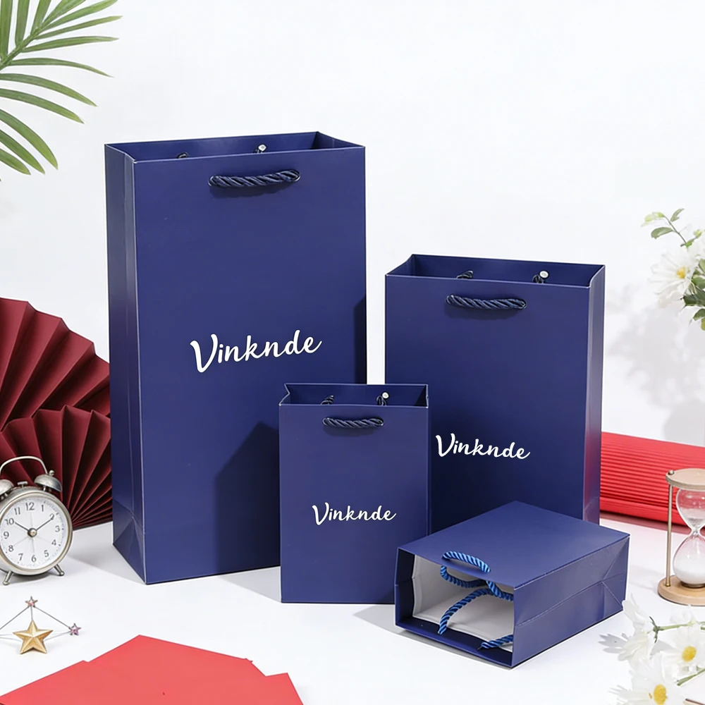 

Navy Paper Bag Custom Logo Boutique For Perfume Cosmetic Kraft Tote Bag Wedding Birthday Candy Cake Biscuit Gift Packing Handled