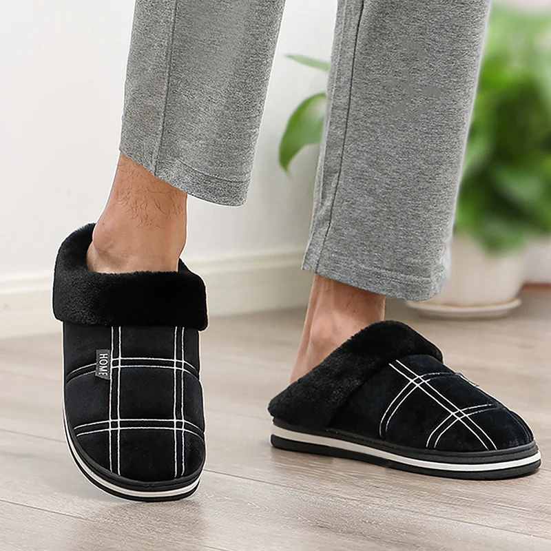 Warm Furry Winter Mens Slippers Indoor Soft Plush Memory Foam Plaid House Shoes Non-slip Fluffy Bedroom Slippers for Men