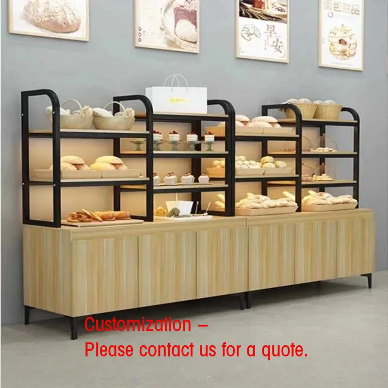 custom.Commercial Heavy Duty Wooden Bread Cake Display Stand LED Lighting Glass Back Customizable Size Supermar