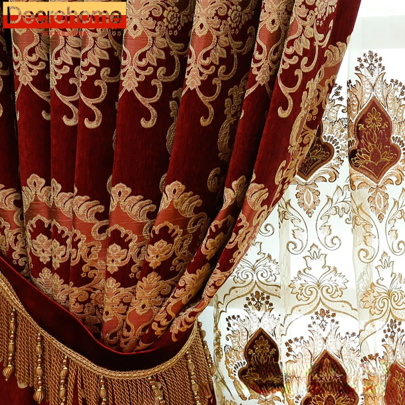 Customized High-end Wine Red Embroidered Window Screen Chenille Thickened Curtains for Living Room Bedroom French Window Balcony