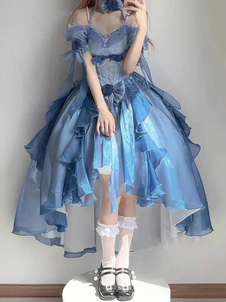 Blue Lolita Dress Heavy Industry Trailing Umbrella Princess Dress for Women Off-the-Shoulder Sweet Bow Irregular Dress