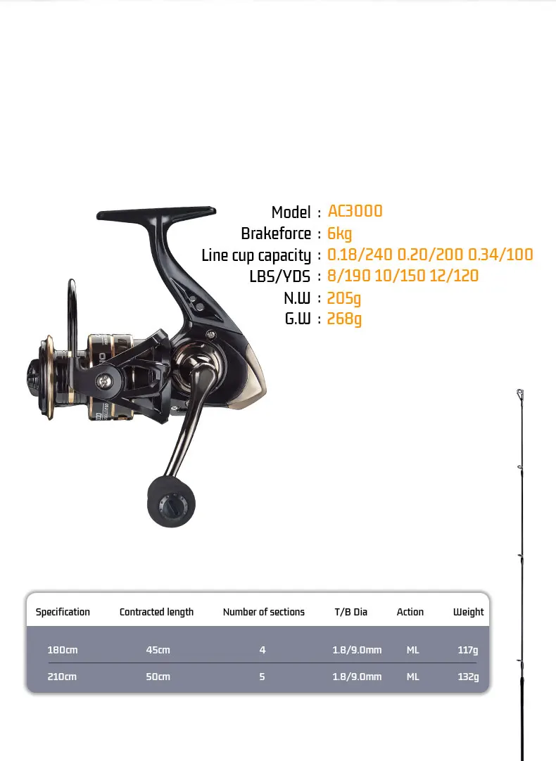 DEUKIO 1,8/2,1m Carbon-Spinn-Set, Ultraleichte Rute mit 5,2:1-Rolle, 8KG Max. Bremskraft, Sensibles Angelset für Süß-/Salzwasser – Detail 2