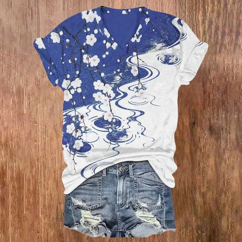 Summer Tops Women's V-neck T-shirt Vintage Floral Ink Painting Art Print Casual T Shirts