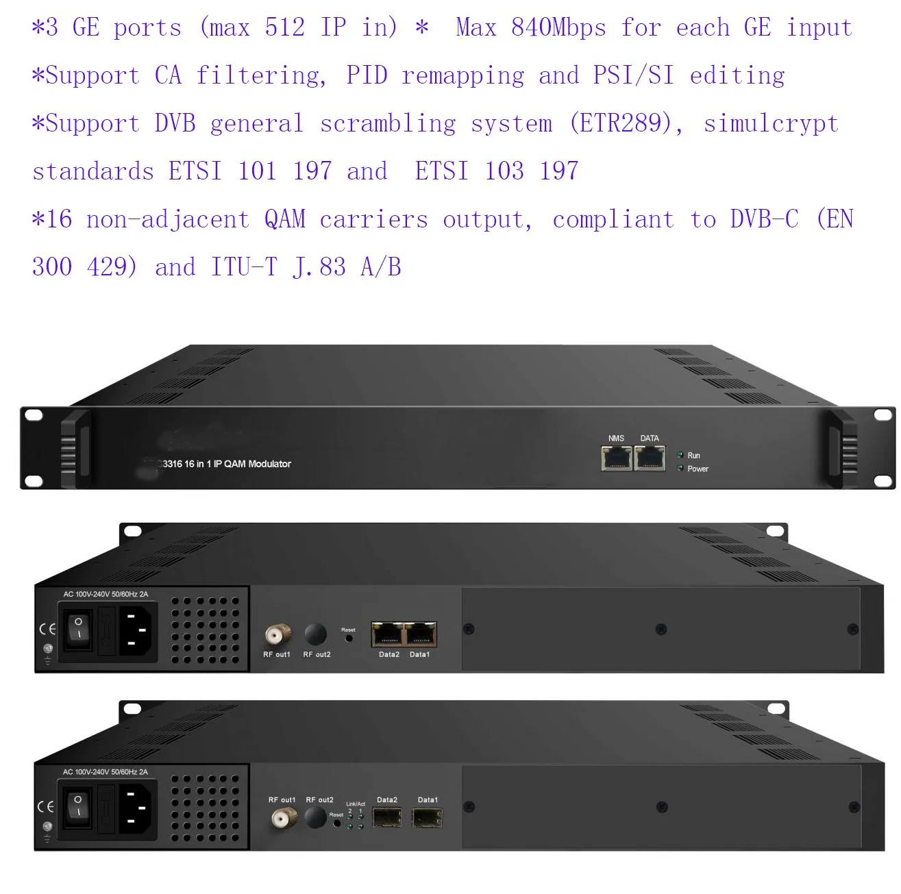 

512 IP to 16 channel QAM modulator, IP to DVB-C J.83A/B/C modulator, IPTV encoder modulator, Multiplexing Scrambling Modulator