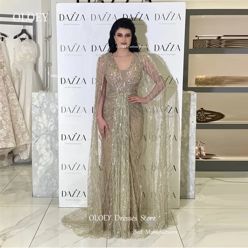 

OLOEY Sparkly Glitter Gold Champagne Dubai Arabic Evening Dresses Long Cape Sleeves Shiny Prom Gowns Formal Occasion Dress 2023