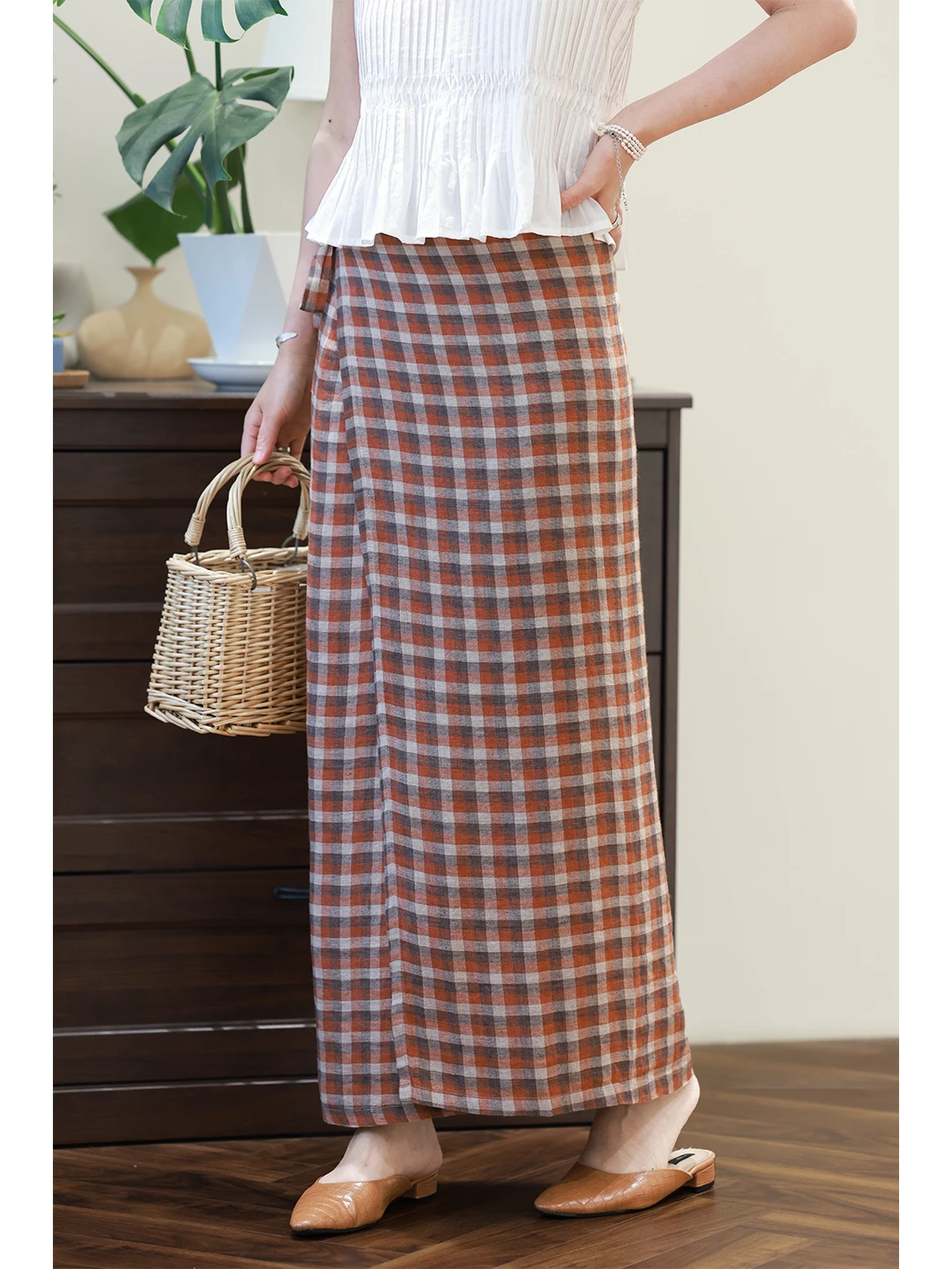 

Lightweight Breathable Full Linen Red White Plaid Wrap around High Waist Skirt Loose Slimming Long Skirt Women's Retro Sle