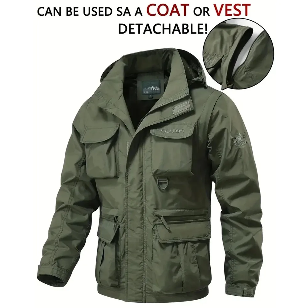 

Detachable Windproof Sleeved Hooded Jacket Suitable for Outdoor Activities Men's Casual Waterproof Multi Pocket Jacket Vest