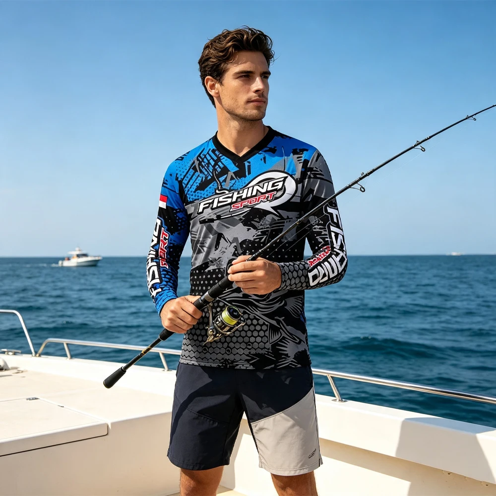 Men's UPF50+ Fishing Shirt V‑Neck Long Sleeve Quick Dry Graffiti Fish Print Rash Guard Sea Fishing Sport T‑Shirt