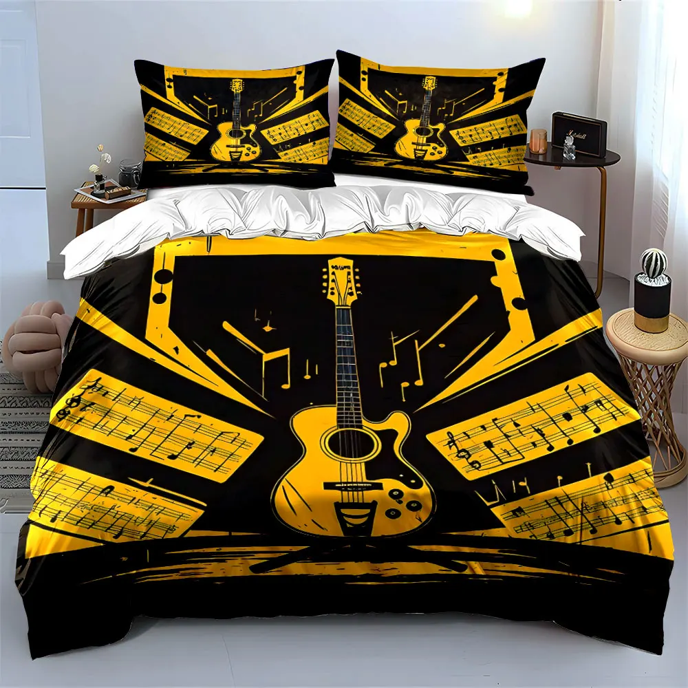 Guitar and Sheet Music Artwork Duvet Cover Set with 3D Printing Design Soft Polyester Bedding Set All-Season Comfort for gifts