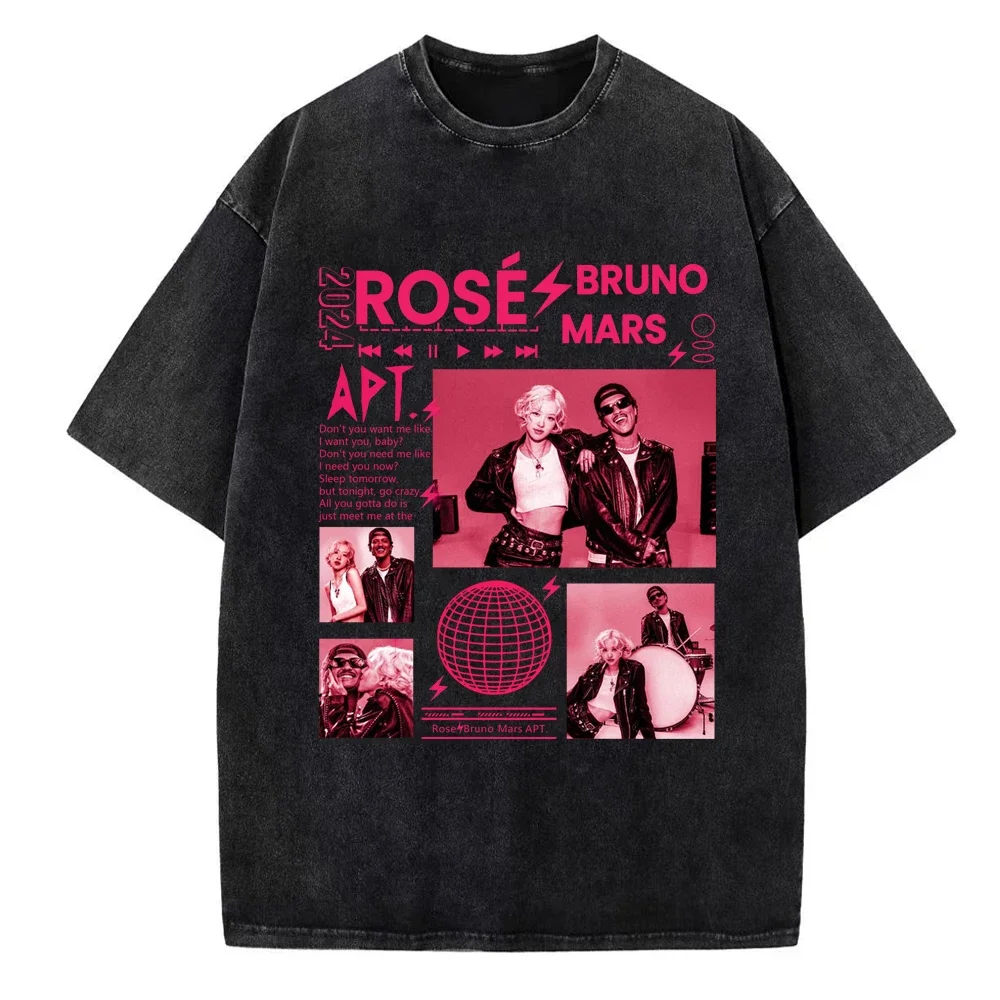 Retro Vintage Rose Rosie Album T-Shirt  2024 new SONG APT.Rose Bruno Mars APT Washed Shirts Women Rosé Fan Gift