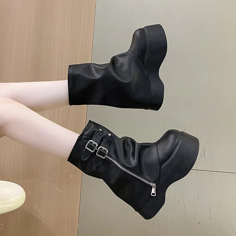 Botas de couro macio para mulheres, botas de meia panturrilha, botas britânicas cunha, botas de motocicleta para senhoras, plataforma alta, 9cm,