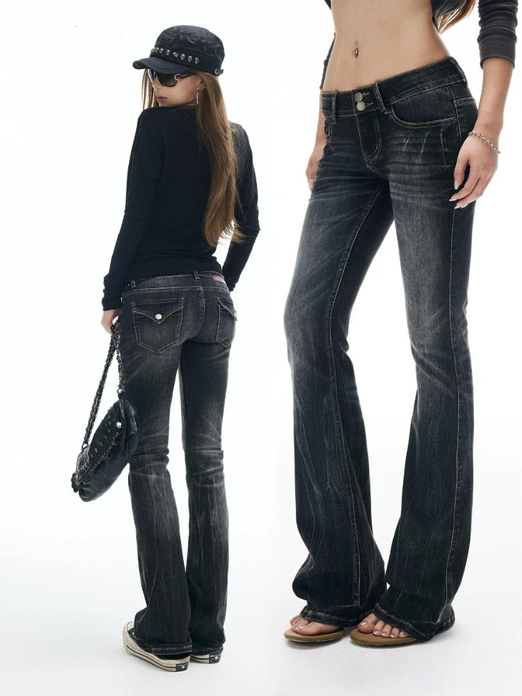 Moda textura retro otoño nueva industria pesada gradiente lavado agua patrón de relámpago elástico micro pantalones vaqueros acampanados para mujeres