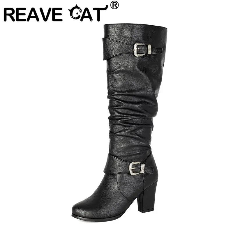 REAVE CAT Women Knee High Boots Round Toe 8cm Block Heel Zipper Belt Buckles Plus Size 44 45 46 47 Brown Beige Black Long Botas