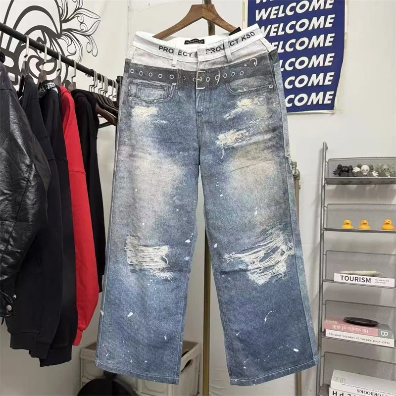 

Искусственные двухсекционные повседневные джинсы G/R с 3D цифровым принтом на молнии, мужские и женские винтажные потертые синие прямые брюки