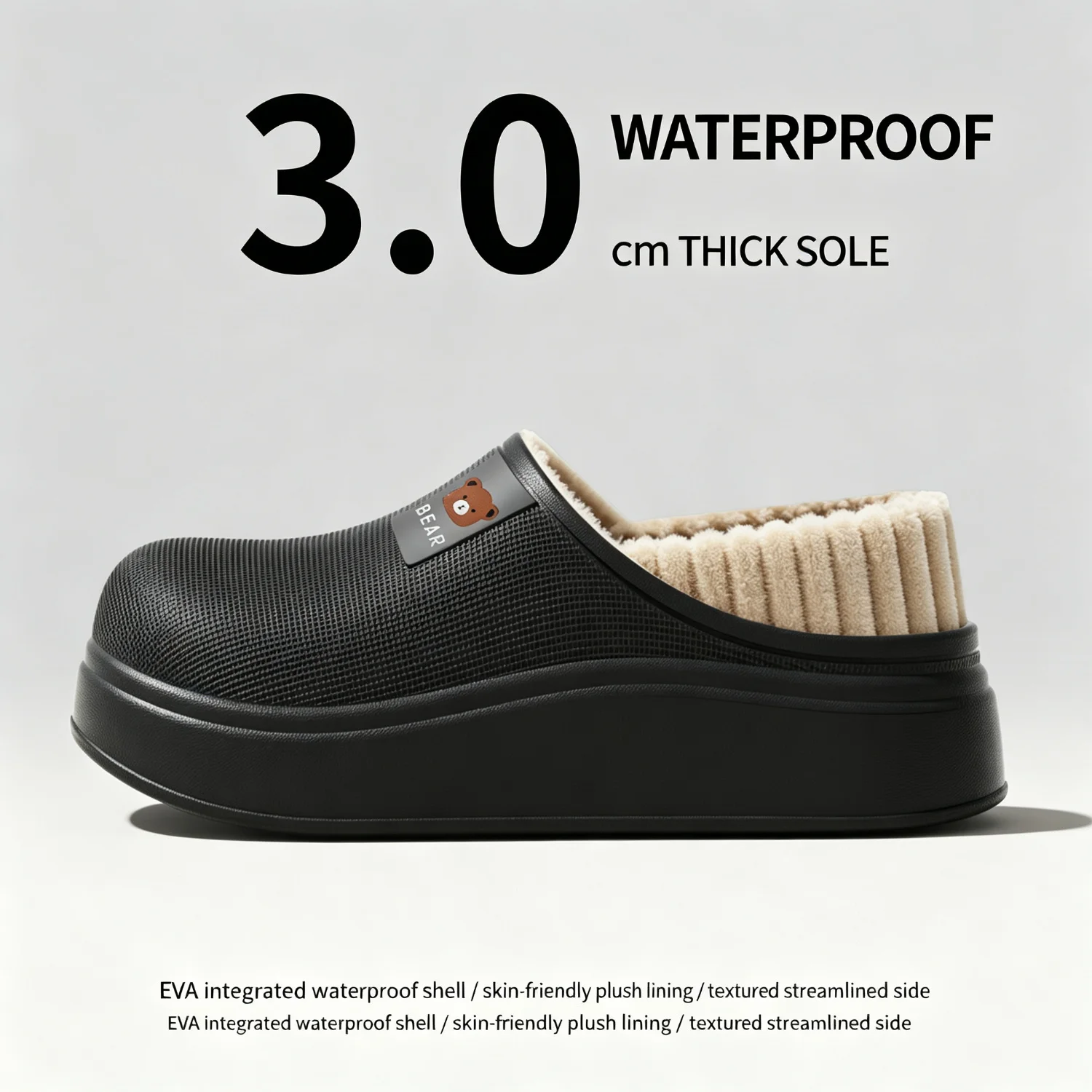 Wasserdichte Winter-Hausschuhe für Damen und Herren, 4 cm dicke Sohle, flauschig warm, für den Innenbereich, rutschfest, mit Fell gefüttert, weiche, gepolsterte Clogs. – Detail 21