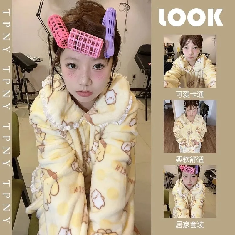 

Fashion Simple Pompom Purins Coral Velvet Pajamas Set Autumn Winter Flannel Plus Thickened Girl's Warm and Comfortable Home Wear