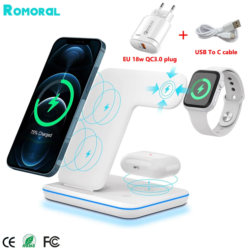 Smart Phone Qi Fast Wireless Charger Stand For iPhone 14 13 11 12 X 15W Charging Station Dock for Apple Watch 7 AirPods 2 Pro