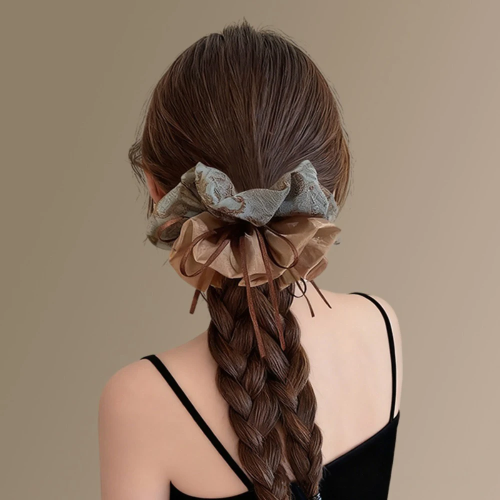 1pc Double-Layer Fabric Scrunchie Light Blue Patterned Beige Textiles Brown Ribbon Vintage Elegant Tones Detail Styles Accessory view 3