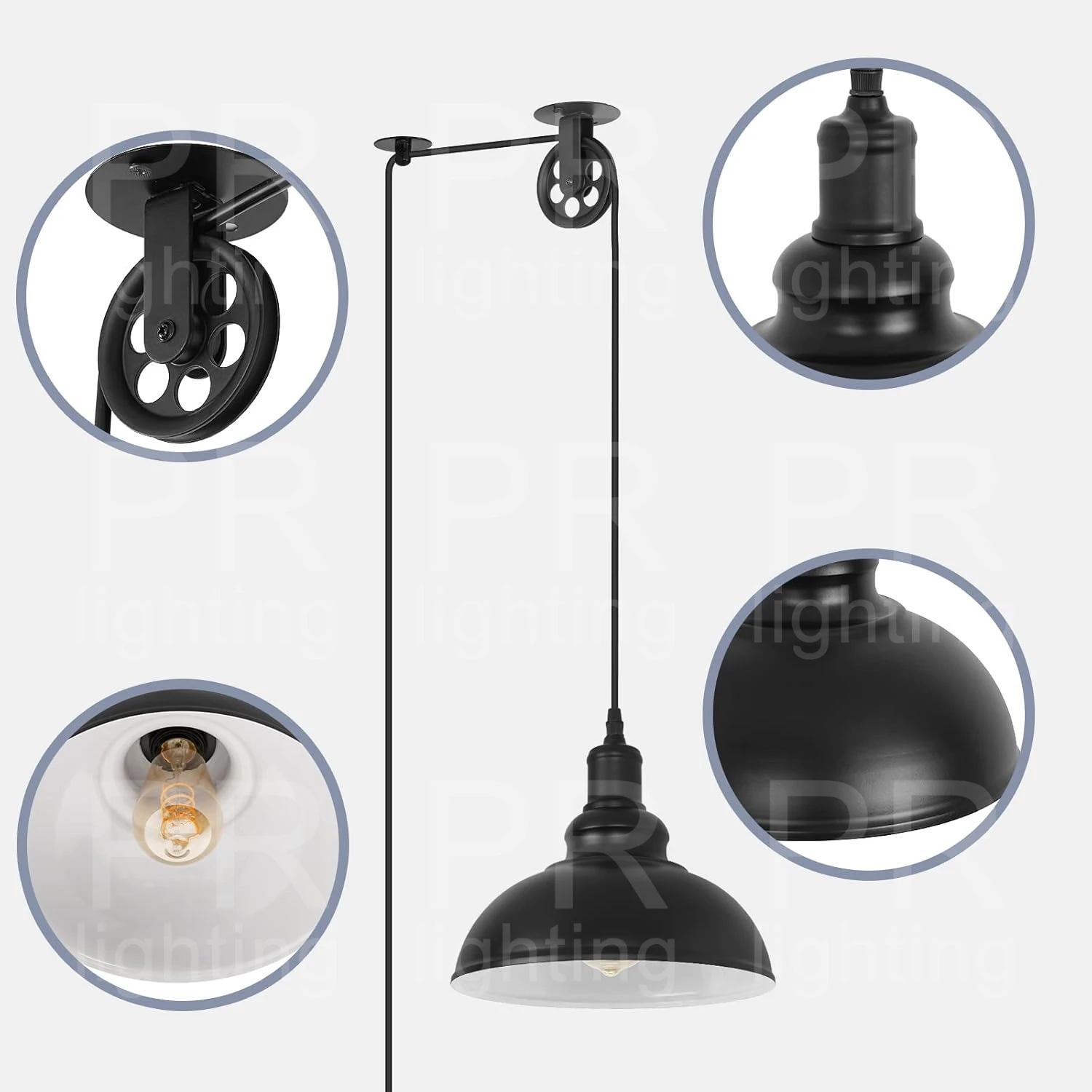 

Industrial Black Plug in Pulley Pendant Light with 5M Cord Switch Modern Barn Domed Hanging Lamp for Kitchen Dinning Living Room