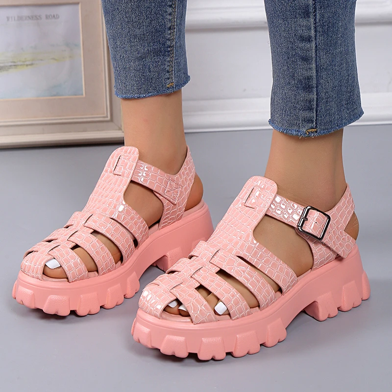 Summer Fashion Gladiator Women Narrow Band Cross-tied Platform Square Heel Peep Toe Rome Design Sexy Mature Shoes Ladies Female