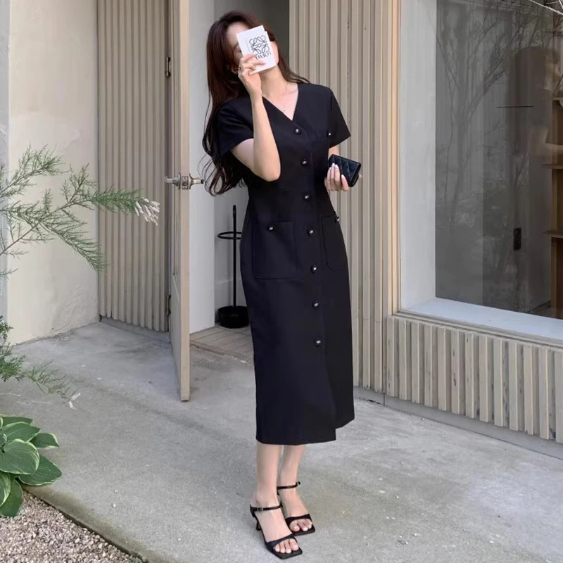Pink Woolen Dress Women\'s Summer Slim Fit Long Dress with Double Pockets High Waist Design Commute Style Short Sleeve V-Neck