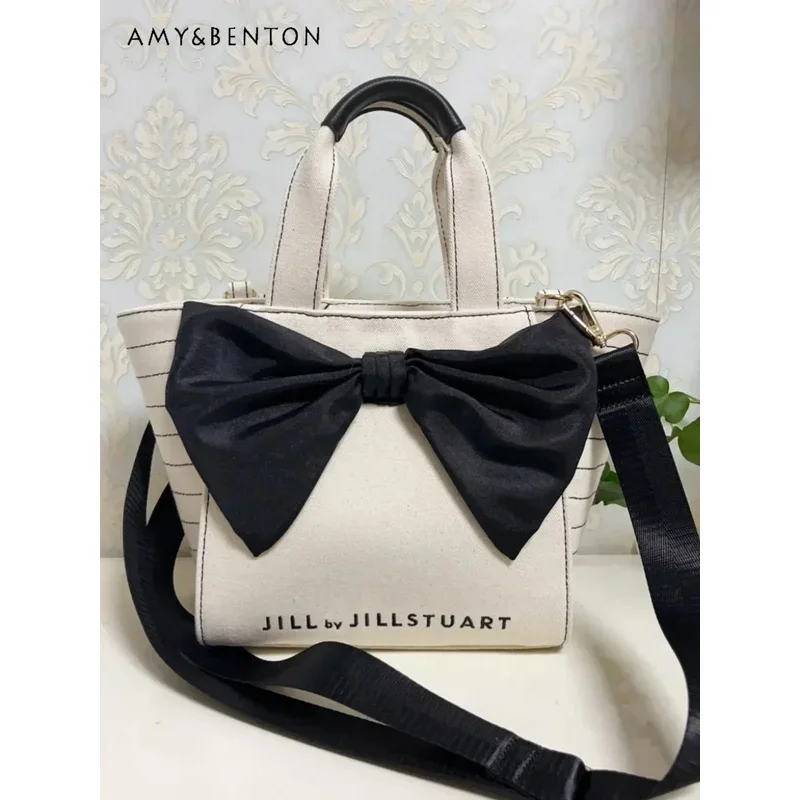 25COSJapanese Jill Bow Decorative Handbag Women Girly Versatile Messenger Bag Sweet Cute Canvas Bag Graceful Trendy Handbag Stud