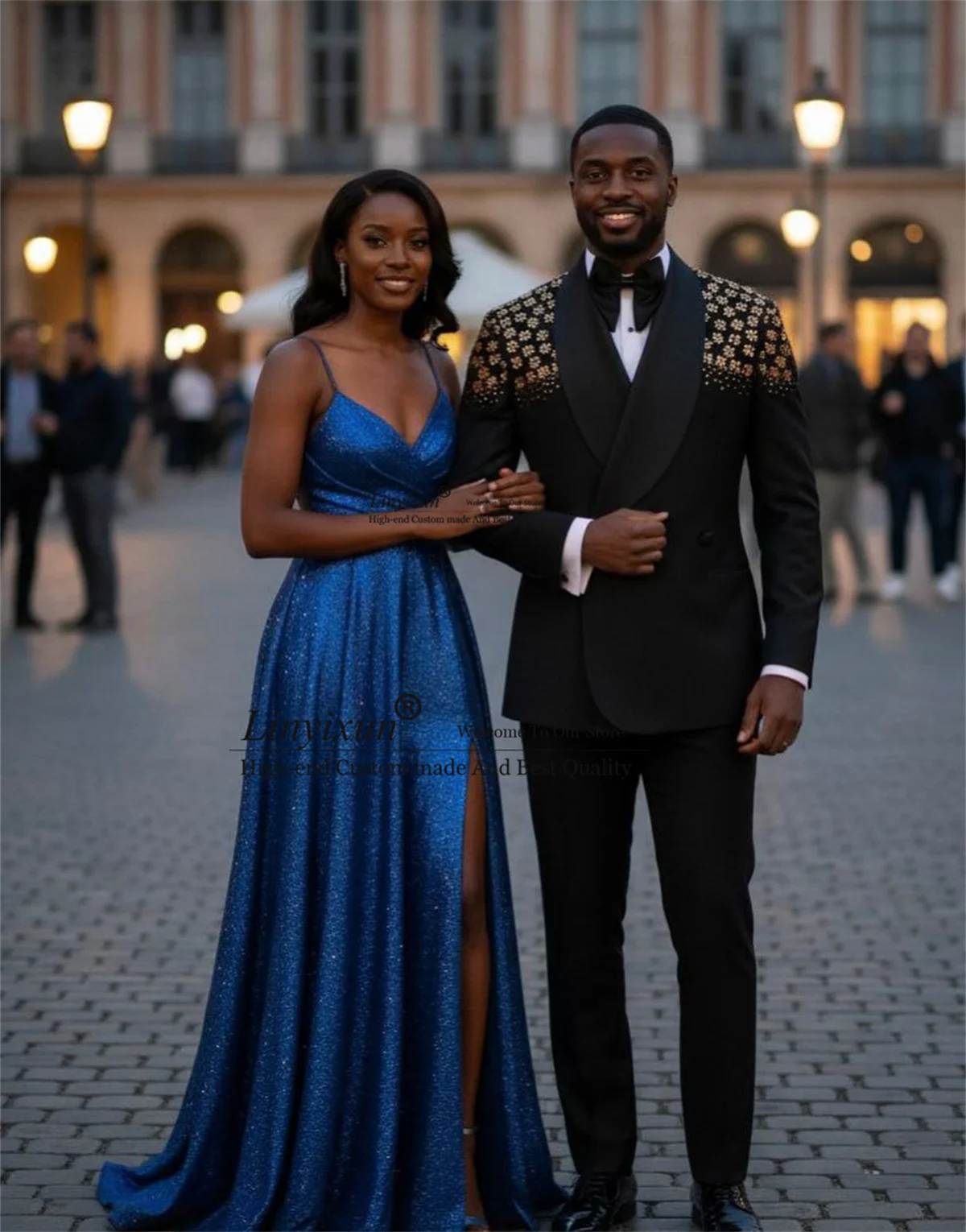 

Luxury Metal Embellished Beaded Men Suit 2 Piece Sets Male Blazers Slim Costume Homme Customized Double Breasted Groom Tuxedo