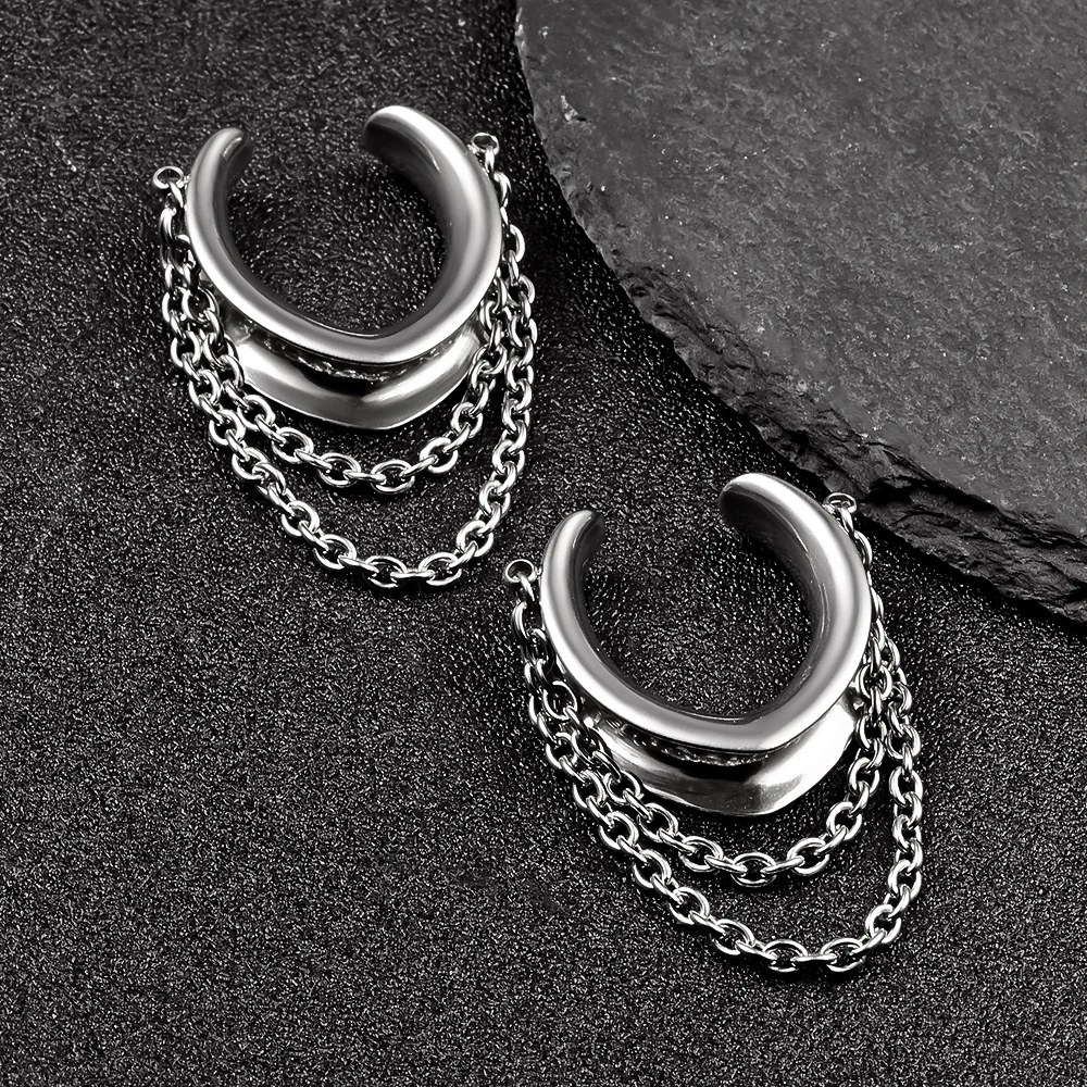 Vankula 2PCS Classic Saddle with Chain for Stretched Ears 316 Stainless Steel Ear cuff Tunels (0G-1\