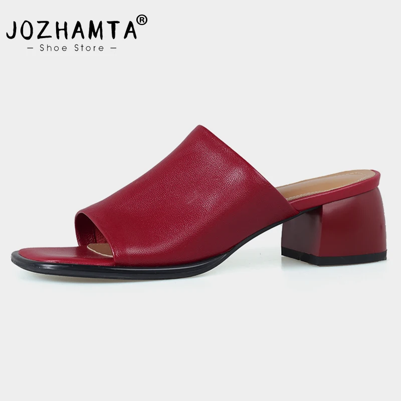 JOZHAMTA Size 34-39 Heeled Sandals Women Genuine Leather High Heels Shoes For Women Summer 2023 Chunky Slides Home Slippers