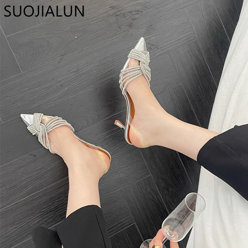 SUOJIALUN 2023 Spring New Pointed Toe Women Sandal Shoes Thin High Heel Ladies Fashion Crystal Bow-knot Dress Party Pumps Shoes