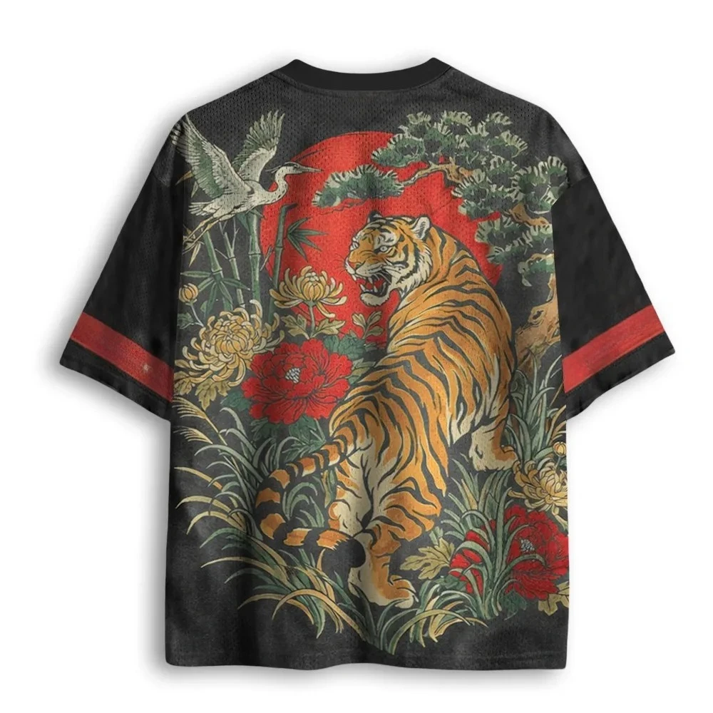 Summer Fashion Fun Red Moon Under The Wild Tiger 3D Printed T-shirt Speed Drying Outdoor Sports Leisure V-neck T-shirt Large