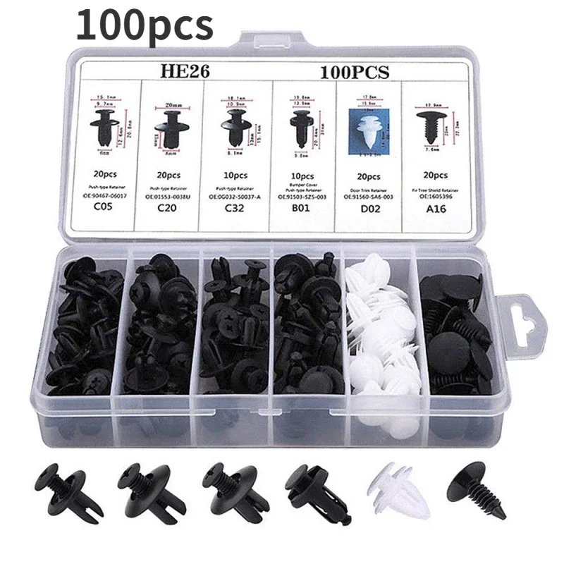 100pcs General Motors Fastener Clips -6 Different Types of Plastic Buckles for Safe Tightening