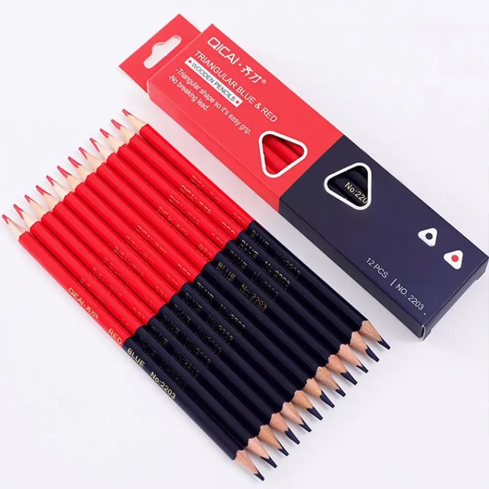 ชุดดินสอไม้เขียน 12 ชิ้น/ชุด สีแดงและน้ำเงิน หัวคู่ สำหรับวาดเขียน 2B ไส้ดินสอนุ่ม อุปกรณ์มาร์คเกอร์ สำหรับงานก่อสร้าง