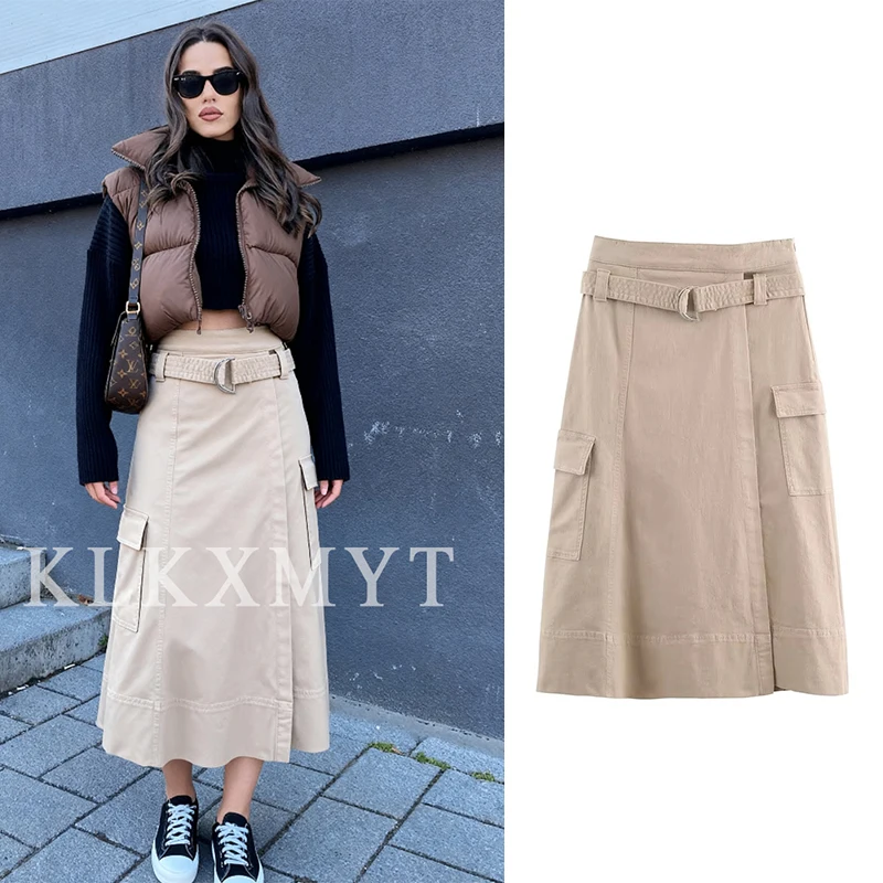 

Женские юбки для отдыха с карманами, коллекция 2025, женские летние новые модные однотонные юбки с поясом, женские элегантные юбки с высокой талией