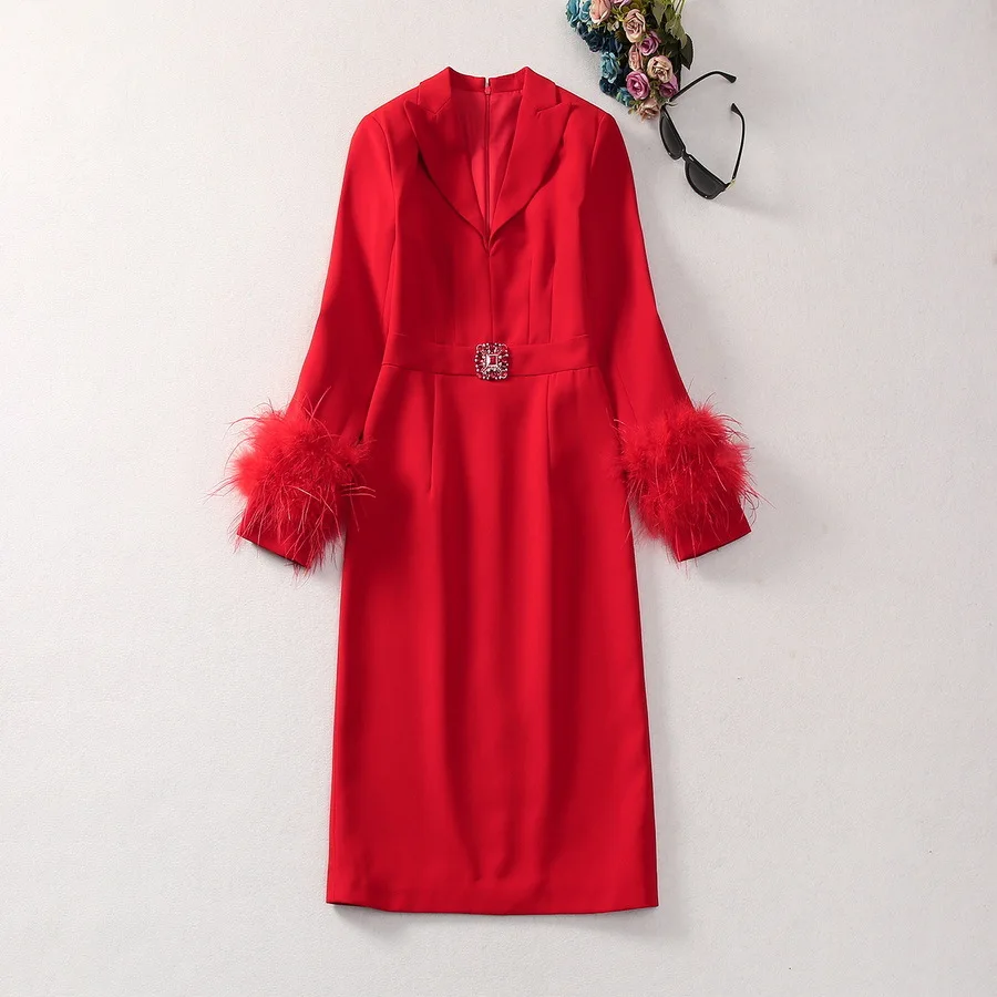 

Europe and the United States women's 2024 winter new Suit collar Feather long sleeve red Fashion dress XXL