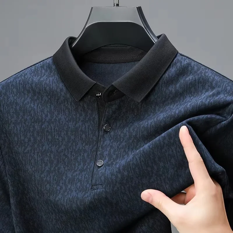 فاخر لطيف جديد الحرير تنفس كم طويل قميص بولو الرجال الربيع والخريف موضة الجاكار قميص الأعمال عادية تي شي