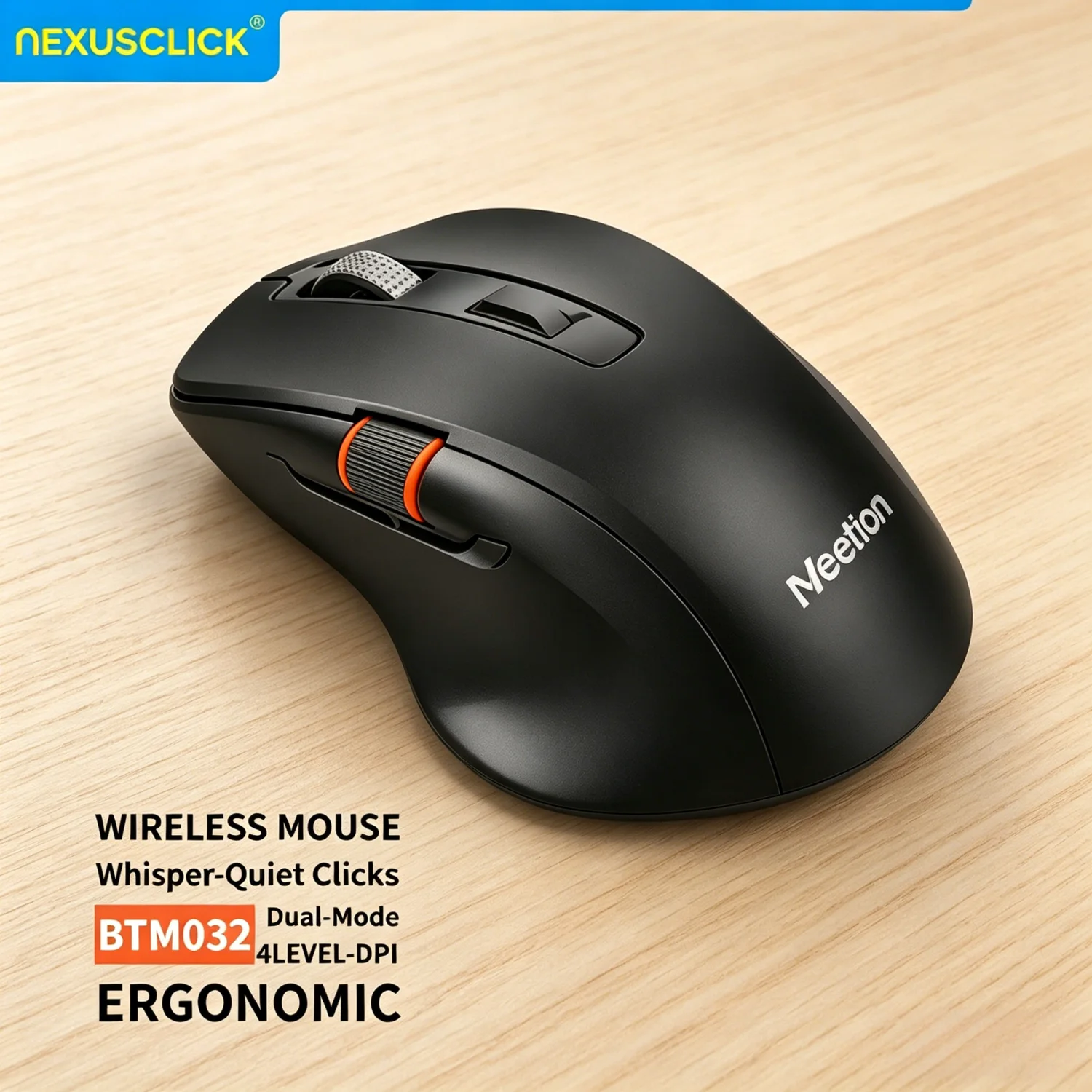 NexusClick Quiet Click Wireless Ergonomic Mouse, Dual Mode 2.4G/BT, 4 Adjustable DPI, Long Battery Life, for Home Dorm Laptop PC