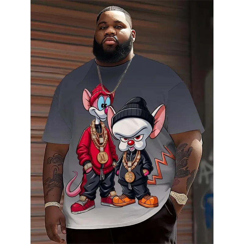 Men Hip Hop Cartoon Animal Printed Round Neck T-shirt 100% Polyester Fabric Summer Street Top Regular Suitable for Daily Wearing