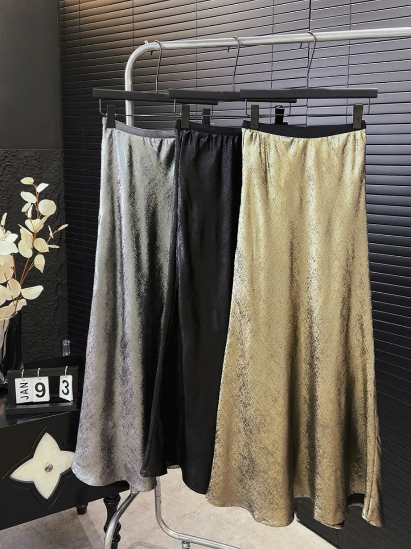 Retro Metallic Gloss Skirts Women High Waist Slim Fit Shiny Silk Fishtail Long Jupe Female 2024 New Elegant Faldas Mujer Moda