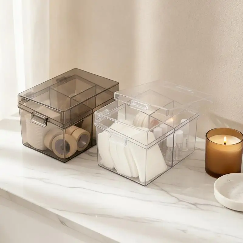 Transparenter Kunststoff-Aufbewahrungsorganizer mit 3 Fächern und staubdichten Klappdeckeln für die Aufbewahrung von Wattestäbchen, Haaraccessoires und kleinen Gegenständen im Badezimmer. – Detail 20