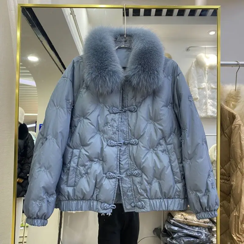 Winter Down Jacket Women\'s Short White Duck Down Insulation Chinese Wind Coil Mouth Real Fox Fur Collar Winter Coat Women 2023