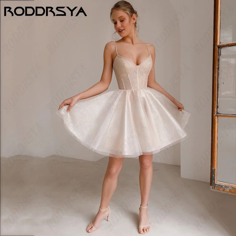 RODDRSYA Princess Wedding Dress For Women Glittering Tulle V-Neck Vestido De Noiva Simple Spaghetti Strap Short Mini Bride Party