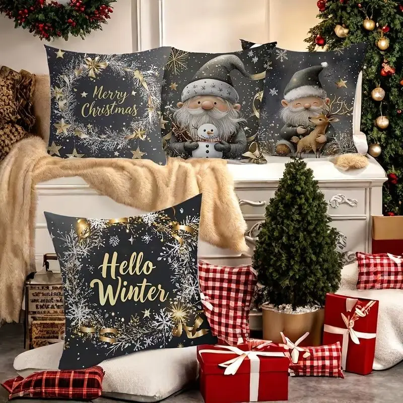 VIKAMA 4Pcs Gnome Christmas Pillow Covers Black Gold Dwarf Snowflake Wreath Print Cushion Cases Xmas Sofa Decor Without Insert